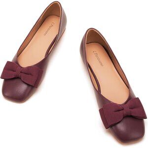 Women's Wine Red Leather Square Toe Flats Ballet Loafers Layered Bow Shoes